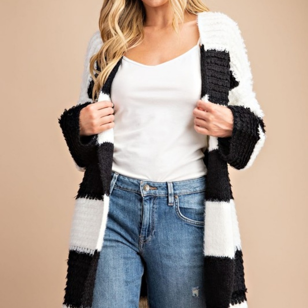Black/White Striped Loop Knit Open Front Cardigan - Picture 2 of 4